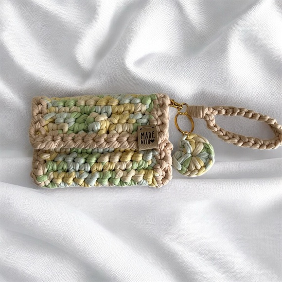 Handbags - Handmade Crocheted Wristlet Card Wallet in Pastel Yellow & Green